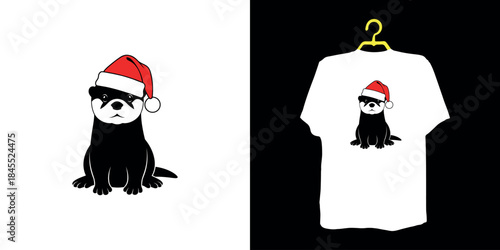 Black otter wearing Santa hat on white and t-shirt on black