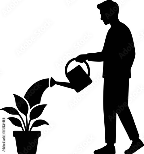 Gardening Silhouette Vector. Person Watering Plant for Slow Living and Mental Wellness Concept Isolated on White