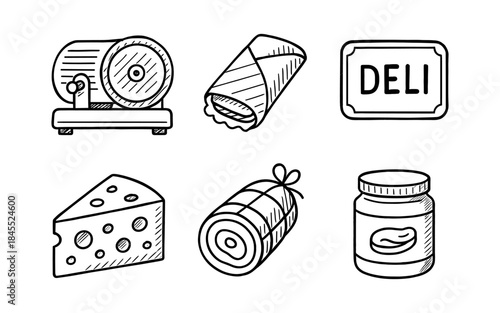 Hand-drawn deli icons including a slicer, wrap, cheese, meat roll, and jar