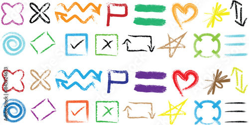 A colorful collection of hand drawn mathematical and checkmark symbols
