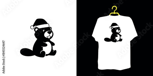 Black silhouette beaver wearing santa hat on white and t-shirt mockup