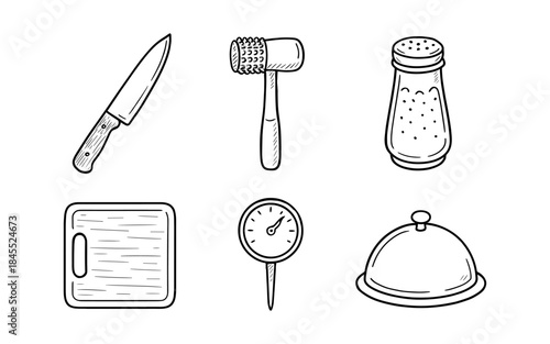 Collection of hand-drawn kitchen utensils and cooking tools on a white background