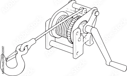 Hand Winch with Cable and Hook Illustration Manual Lifting and Pulling Tool for Utility, Boat, and Industrial Use, Outline Drawing
