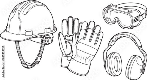 Industrial safety equipment set, including hard hat or helmet, work gloves, safety goggles or eye protection, and earmuffs or hearing protection, essential for workplace security and occupational heal