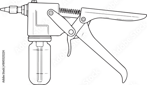 Line art illustration of a hand-held vacuum pump, fluid extractor, or brake bleeder tool, featuring a trigger handle and a transparent collection bottle, isolated on a white background