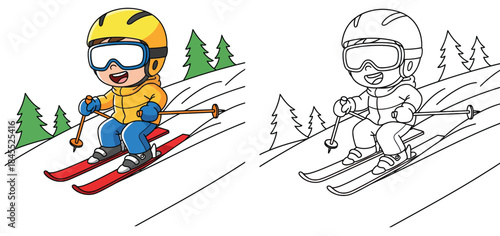 Cute cartoon boy skiing downhill with coloring book page outline. Winter sport vector illustration for kids.