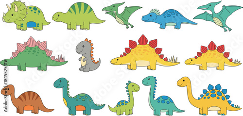 Cute cartoon dinosaur characters set vector illustration for kids education games nursery design isolated