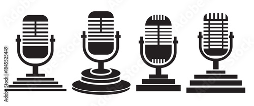 Black and White Vintage Microphone Illustration Set in Classic Style