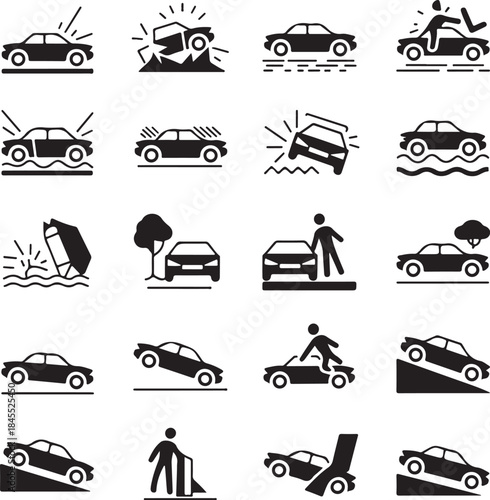 Car accident icons set in simple style