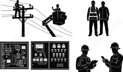 Professional Electrical Engineer Connecting Wires in Modern Circuit Breaker Panel Box, Construction Worker Performing Safety Inspection, Installation and Maintenance Service, 
