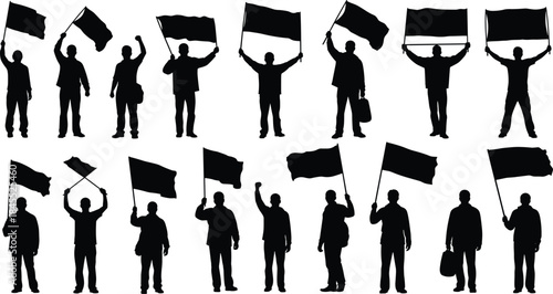 Political Protest Rally Silhouettes Collection, Crowd Waving Blank Flags, Activism, Revolution, Freedom, Rights, Demonstration, Isolated Group of People Showing Support, Striking Black Vector.