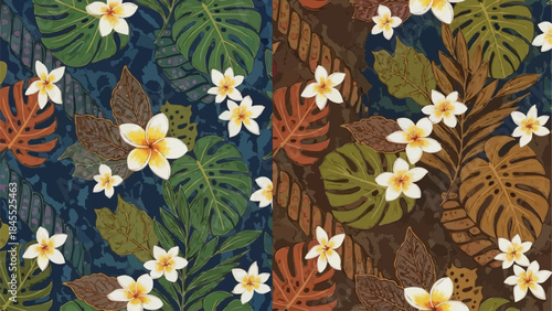 Tropical Floral Pattern with Exotic Leaves and White Flowers.