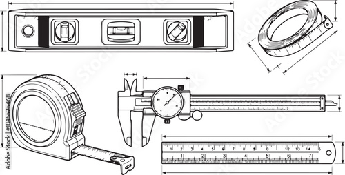 Collection of technical drawing measuring tools with dimensions, featuring a spirit level, retractable tape measure, ruler, and vernier caliper, ideal for engineering and architectural designs..