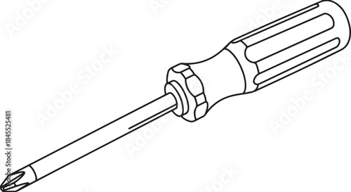 Black and White Line Art Illustration of a Phillips Head Screwdriver, a Common Hand Tool for Home Repair and Construction.