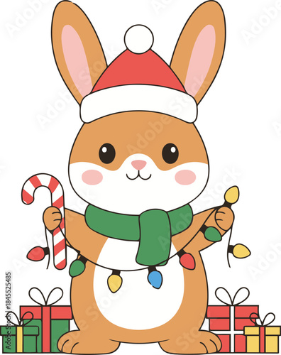 Vector illustration of a cute brown rabbit wearing a Santa hat and scarf, holding Christmas lights and a candy cane, standing among gift boxes.