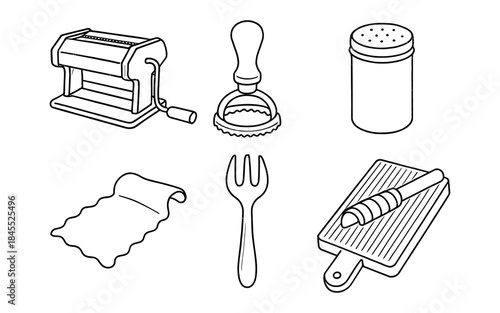 Collection of hand-drawn Italian pasta making tools and ingredients