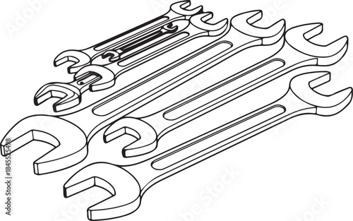 Collection of various wrenches and spanners in outline style, essential tools for mechanics, repair, and maintenance work.