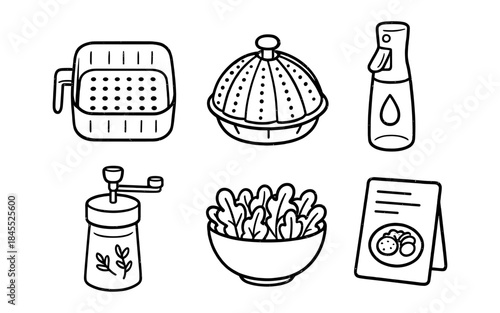 Collection of kitchen gadgets and food items in a simple line art style