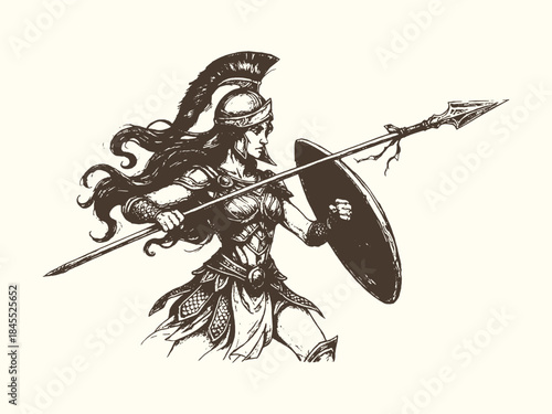 Ancient Greek Goddess Athena Vector Engraving: Detailed, classical style illustration of the Goddess of Wisdom and War, depicted in armor holding a shield and spear, symbolizing strategy and victory.