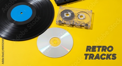 Vintage music formats like vinyl record cassette and cd on yellow background