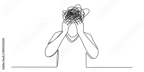 One line drawing of person holding head with tangled thoughts