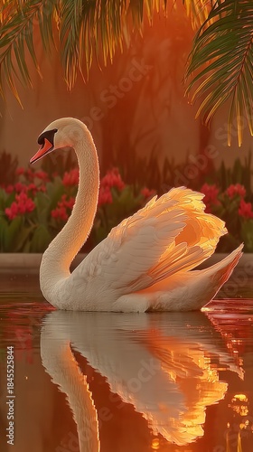 Swan glides on water with reflection at sunset near flowers in a calm garden setting