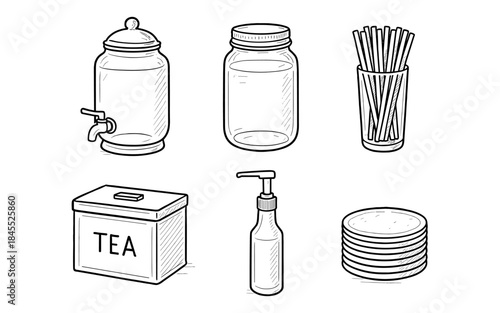 Collection of hand-drawn kitchen and beverage containers and accessories