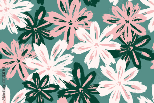 Abstract floral pattern seamless hand painted brush flower shapes with bold pink white petals on green background modern artistic design for textile fabric wallpaper surface art.