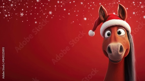 Funny Christmas horse in a red holiday setting with a Santa hat peeking out and spreading cheer during the festive season