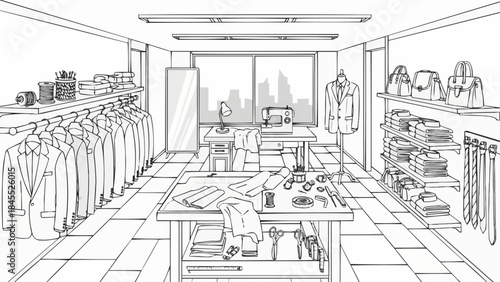 Tailor shop interior with sewing equipment and garments.