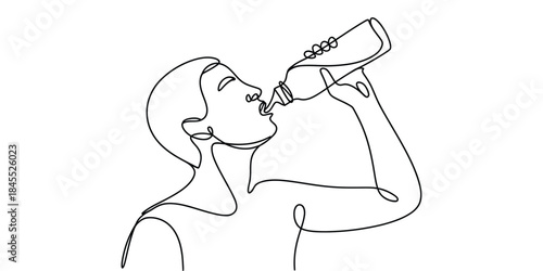 Continuous line drawing of a person drinking water from a bottle