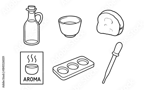 Hand-drawn icons representing aroma testing and ingredients for sensory evaluation