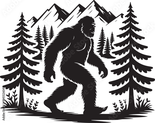 Bigfoot walking in forest mountains landscape