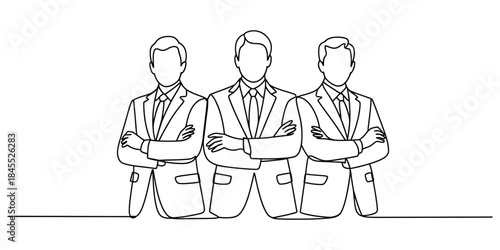 Three businessmen standing with arms crossed, continuous line drawing