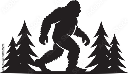 Bigfoot walking through forest trees silhouette