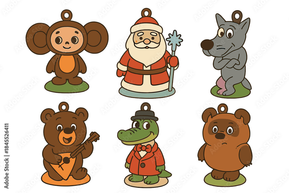 Fototapeta premium A collection of vibrant ceramic ornaments for Christmas trees featuring characters from Russian cartoons
