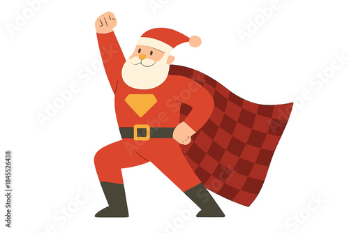 Santa Claus, dressed like a superhero with a checkered cape, strikes a heroic pose