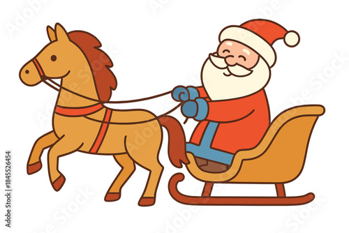 A cartoon-style character, either Santa Claus or Russian Father Frost, rides a horse‑drawn sleigh in a New Year vector illustration