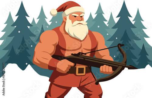 Photorealistic artwork of a muscular Santa Claus wielding a crossbow in an enchanted winter forest, titled Epic Santa Warrior