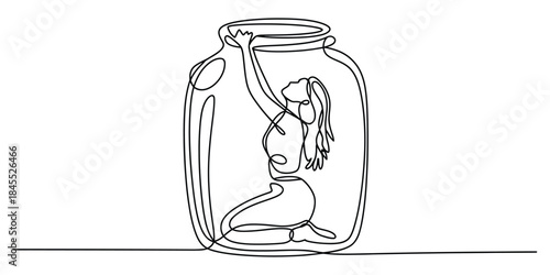 Woman trapped in a jar one line continuous drawing concept