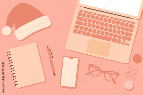 A feminine pink‑themed desktop workspace for the Christmas holiday, featuring a lady Santa hat and accessories on a stylish pink textured background, presented as a top‑view flat‑lay blog hero header