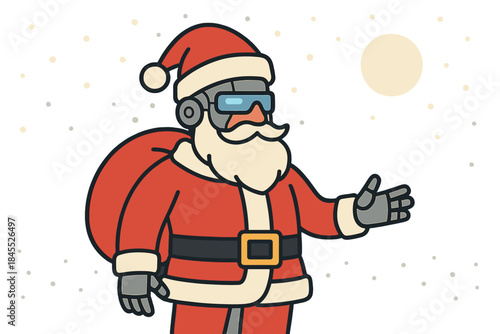 A cybernetic Santa Claus in a snowy nighttime city, a humorous high‑tech Christmas idea