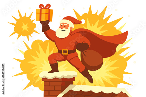 Santa Claus, acting as a superhero, delivers gifts on a snowy rooftop while explosions erupt behind him in a -generated animation