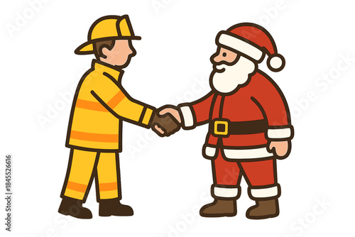 During the Christmas celebration, a firefighter and Santa Claus shake hands