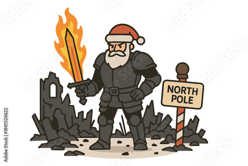 Santa Claus, clad in a dark armored suit and wielding a blazing sword, stands amid the North Pole's ruins, poised to restore Christmas from malevolent forces