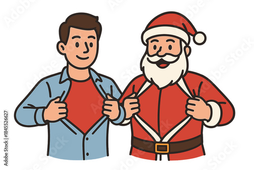 A young man transforms into Santa Claus, ripping the shirt off his chest like a superhero