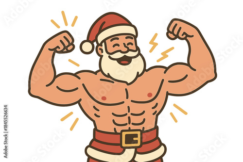 A powerful, muscular Santa Claus with superhuman strength, radiating vitality and capturing the Christmas spirit in a lively, festive depiction