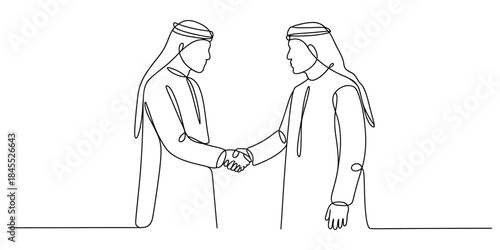 One line drawing of two arab men in traditional dress shaking hands
