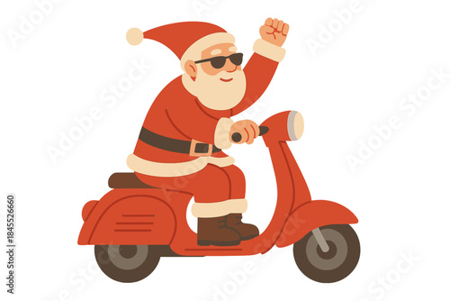 An elderly grandfather with a white beard is seen riding a vintage scooter, enthusiastically raising his fist as he rushes to save a Christmas miracle while wearing a Santa Claus outfit and