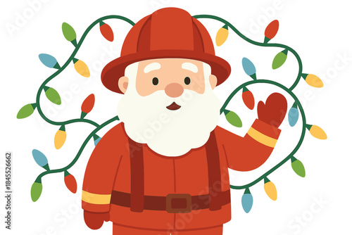 A friendly Santa Claus, outfitted as a firefighter with a red helmet and suspenders, stands against a festive Christmas light backdrop